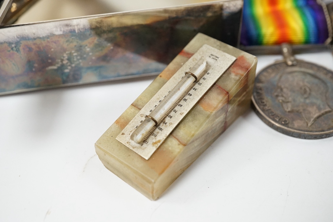 A First World War medal trio awarded to Lieut. W. Cleveland-Stevens. R.N.V.R., together with a miniature on ivory of a 19th century Captain with description to reverse, a signed military coloured engraving, a paper knife